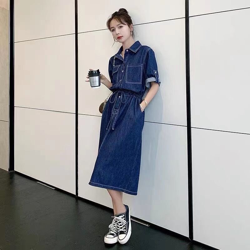ĐẦM JEAN XÒE CỔ SƠ MI EO RÚT - NJ220
